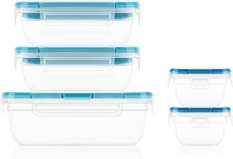 Snapware Plastic Total Solution 5-Pack (Mixed Sizes) Food Storage Containers Set, Leakproof & Airtight Plastic Locking Lids Rectangular Tupperware, BPA-Free Lids, Microwave Dishwasher Freezer Safe