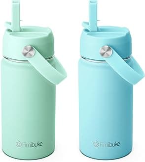 Fimibuke Kids Insulated Water Bottle, 14oz BPA FREE Double Wall Vacuum Tumbler 18/8 Stainless Steel Leak Proof Kids Cups with Straw Metal Water Bottle for School Boys Girls (2 Pack, Underwater World)