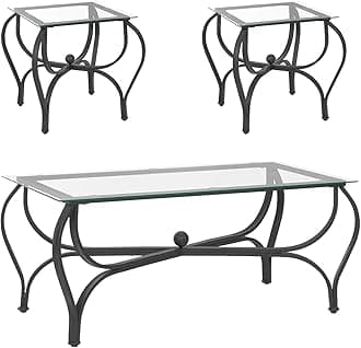 Tempered Glass Coffee Table Set of 3,Rectangle Coffee Table with 2 Square End Side Table - Modern Metal Frame Living Room Tables for Apartment Home Office(Black)