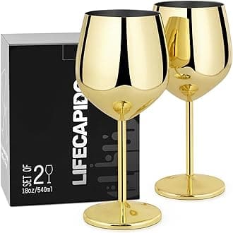 Lifecapido Stainless Steel Wine Glasses Set of 2, 18oz Stainless Steel Wine Goblets, Stemmed Metal Wine Glasses with Cup Brush for Party Office Wedding Anniversary, Great for Red White Wine (Gold)