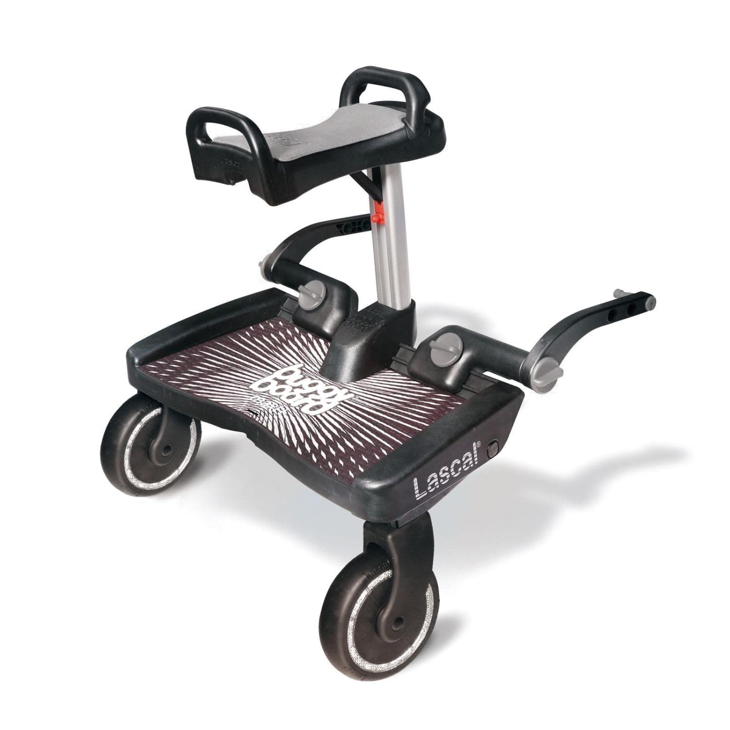 BuggyBoard Maxi+ | Universal Buggy Board with Seat, Compatible with 99% of Pushchairs | Pram Accessory for Children from 2-6 Years | Black with Grey Saddle