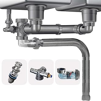 QruiLanTu Double Sink Drain Kit Space Saving Kitchen Sink Drain Kit Expandable Flexible 1 1/2" P-Trap Pipe 3-1/2 Inch Sink Drain Assembly Kit with 4-Way Fitting Adapter for Dishwasher