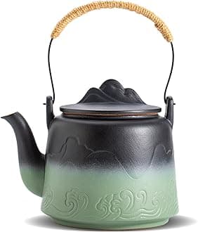 Vintage Japanese Teapot, 33.8 oz Embossed Ceramic Loose Leaf Teapot with Built-in Strainer for Hot Tea Steeper, Hemp Rope Handle Japanese Tea Brewer Pot for Tea Lovers Gifts