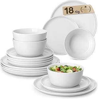18 Pieces Gourmet Porcelain Dinnerware Sets, Premium Plates and Bowls Set, High-Fired Ceramic Dishes Set for 6, Chip & Scratch Resistant, Microwave Dishwasher Safe, White, Series Lexi
