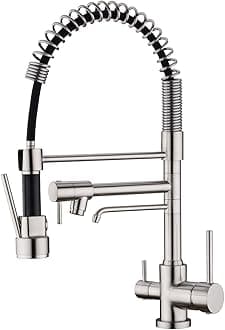 Delle Rosa Kitchen Faucet, 3 Way Drinking Water Faucet, Modern Kitchen Faucet with Pull Down Sprayer, Dual Handles Kitchen Sink Faucets,3 in 1 High Arc Water Filter Purifier Faucets Brushed Nickel