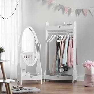 Haus Projekt Dress Up Rail & Mirror Set for Children, Girl's White Wooden Clothing Rack And Mirror, Handmade, Kids Nursery Furniture