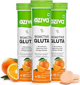 OZiva Bioactive Glutathione Tablets for Radiant Skin - 45 Effervescent Tablets (Pack of 3) | L-Glutathione, Hyaluronic Acid, Vitamin C for Skin Glow & Anti-Pigmentation | Orange
