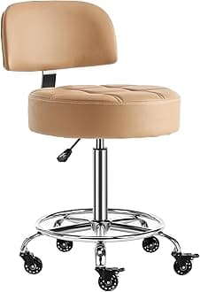 Lockable Stool with Back and Foot Rest Ergonomic Rolling Hydraulic Adjustable Stool for Doctor Esthetician Artist Home Small Office Desk (Camel, 24''-31'')