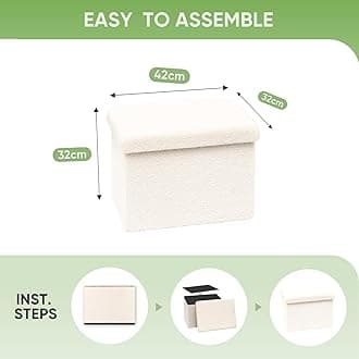 Bonlife Ottoman Seat with Storage,Folding Small Footstool for Living Room,Cube Toy Chest Box,Foot Rest,Sherpa Fabric,White,42x32x32cm