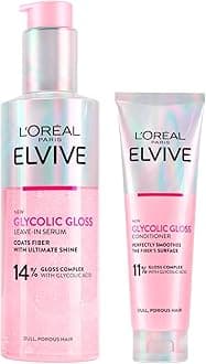 L'Oréal Paris Elvive Glycolic Gloss Hair Set Elseve with Glycolic Acid Leave-In Serum Porous and Dull Hair Long-lasting Smooth 150ml + Conditioner Fills and Seals Hair Fibres 150ml - 2 Bottles
