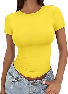 Trendy Queen Womens Basic T Shirts Summer Tops 2026 Crop Short Sleeve Slim Fit Tee Cute Gym Workout Clothes