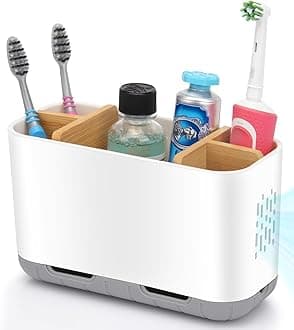 Toothbrush Holders for Bathrooms - Bamboo Divider Toothbrush and Toothpaste Holder with Drainage, Kids Electric Toothbrush Organizer for Bathroom Countertop, White Tooth Brush Holder