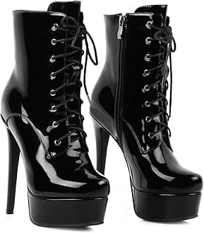LingxiaUneWomen’s High Heel Boots Lace-Up Stiletto Platform Ankle Boots for Stylish Party & Stage