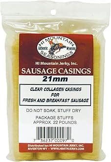 Hi Mountain Seasonings | 21 mm BREAKFAST SAUSAGE CASINGS | Clear, Edible, Fresh Collagen Casings | Ideal for Making Unsmoked Breakfast Sausage Links | Pork, Beef, Venison | Creates up to 22 lbs