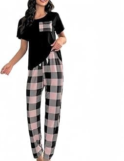 Women's Pyjama Set Round Neck Short Sleeve Tops and Long Pants Soft Sleepwear Loungewear Summer Pjs Set Casual Nightwear for Ladies(Pink/XL)