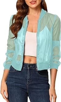 Fisoew Women's Crop Mesh Sheer Bomber Jackets Lightweight Long Sleeve Zip Up Jacket Outwear