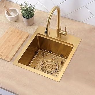 LQS Brushed Gold Finish Kitchen Sink, Small Gold Drop In Bar Sink 16” x 18” with Cutting Board, 16 Gauge Stainless Steel Golden Kitchen Sink, 10” Depth For Daily Use, Outdoor and Prep Use