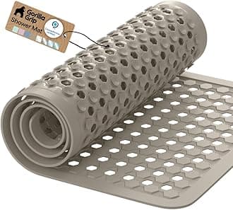 GORILLA GRIP Patented Bath Tub Shower Mat, Machine Washable Bathtub Floor Liner Mats, Suction Cups and Drain Holes to Keep Tubs Clean, Soft on Feet, Bathroom Essentials, 35x16 Inch, Beige