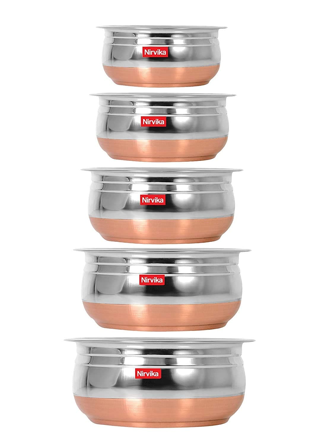Nirvika Stainless Steel Handi Set Copper Bottom Handi with Lid Kitchen Serving,Cooking Bowl cookware Set Handi Set 5-Pieces (Without lid) Size:- 500ml, 800ml, 1000ml, 1200 ml, 1500 ml