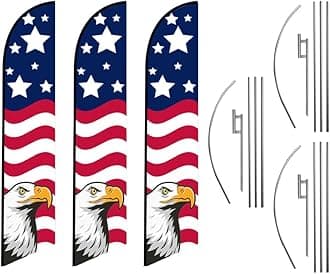 Pack of 3 - Tall Swooper Feather Flags American Glory Patriotic Eagle Stars on top Banners with 15ft Poles & Ground Stakes – Outdoor Decoration