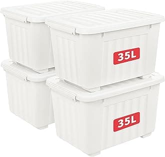 35L*4 Storage Boxes with Wheels, Plastic Storage Bin with Lid, Latching Buckles, Click Closure, Stackable, Nesting, Durable Organizer for Home Office Clothes, White, 35L-4 Pack
