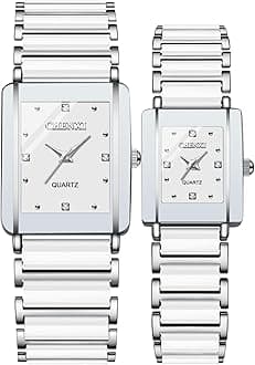 Vintage Couple Watch Set - Men and Women Matching Quartz Square Ceramic His and Hers Pair With Diamond Waterproof Feature