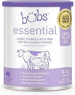 Bubs Essential Infant Formula, with Iron, Cow Milk-Based Powder, for Infants 0-12 Months, Made with Non-GMO Milk, 20 oz