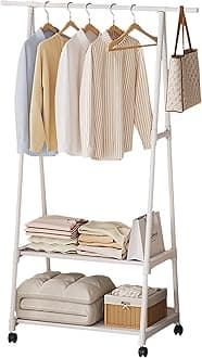 Beauenty Clothes Rack, Clothes Drying Stand, Coat Rack, Sturdy Rolling Clothing Rack with Wheels, Multifunctional Metal Garment Rack with 2-Tier Shelf, (White)
