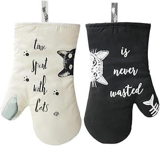 Cat Oven Glove, Heat Resistant Oven Mitt, Non-slip Kitchen Gloves for Cooking Pot Holder Grilling BBQ Baking (Black and White)