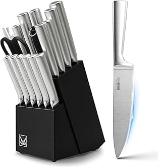 Knife Set, 16 Pieces Kitchen Knife Set with Wood Block, Chef Knife with 6 Pieces Steak Knife, High Carbon Stainless Steel Japanese Knives for Multipurpose Cooking