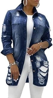 Women's Jean Jacket Long Sleeve Classic Distressed Tassels Denim Trucker