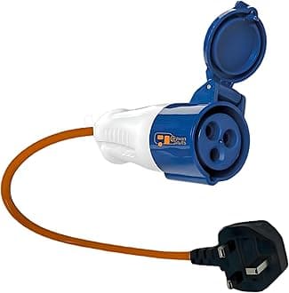 Double Dragon UK caravan mains hook-up adapter – 230V UK 3-pin plug to 16A CEE socket | 13A fused | IP44 splashproof | 50cm hi-vis red fly lead | for campervan, motorhome, RV, boat, generator