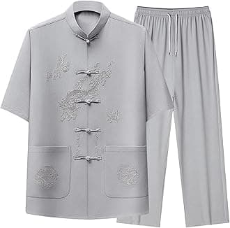 CambkatlMen's Dragon Embroidered Tang Suit Chinese Traditional Mandarin Collar Kung Fu Shirts Short Sleeve Tai Chi Outfits