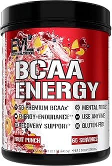 Evlution EVL BCAAs Amino Acids Powder - BCAA Energy Pre Workout Powder for Muscle Recovery Lean Growth and Endurance - Rehydrating Post Workout Recovery Drink with Natural Caffeine - Fruit Punch