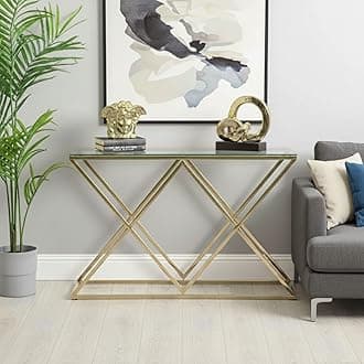 VANITY LIVING Console Table Modern Tempered Glass Top Gold Stainless Steel Frame, Entryway Table Porto Narrow Hallway Table for Living Room