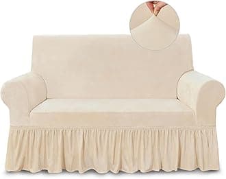 NICEEC Loveseat Cover Super Soft 1-Piece Slipcover for Loveseats Beige Stretch Universal Spandex Couch Covers for Living Room Easy Fit Washable Furniture Sofa Protector with Skirt