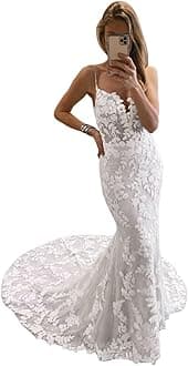 Mermaid Wedding Dresses for Bride Lace Beach Tulle Applique V-Neck Spaghetti Straps Boho Bridal Dress for Bride with Train