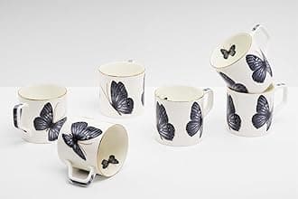 GOLDEN QUEEN'S Tea Cups Set of 6 | Ideal for Everyday Tea and Coffee, Enhancing Your Daily Rituals | Handcrafted & 24K Gold on Rim - Grey Monarch Butterfly Cups