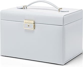 VlandoVlando Velvet Jewelry Organizer Box for Women, Large Leather Jewelry Storage Box with Locked, Mirrored, 3 Drawer for Watch Necklace Ring Earring Storage, Gift for Girl Women and Mom - Light Blue