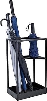 MyGift 20 Inch Tall Modern Brass Tone Metal Geometric Freestanding Entryway Umbrella Rack or Cane Holder with Shelf for Small Umbrellas and Bottom Drip Tray (Black-Large)