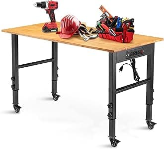 OLBRUS 48 "Adjustable Workbench with Power Outlet, Heavy Duty 2000 LBS Load Capacity Hardwood Workbench Suitable for Workshop, Office, Garage, Home with Wheels