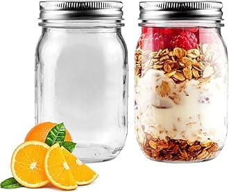 2 Pack Regular Mouth Mason Jars 16oz Glass Canning Jars with Airtight Lids for Preserving, Jam, Honey, Jelly, Wedding Favors, Sauces, Meal Prep, Overnight Oats, Salad