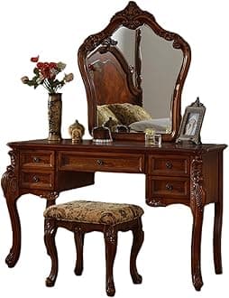 Mid Century Antique Makeup Vanity 39in, European Vintage Brown Makeup Table with 5 Drawers and Mirror, Fabric Upholstered Stool, Bedroom Dressing Table for Women Girls, 100x48x78cm