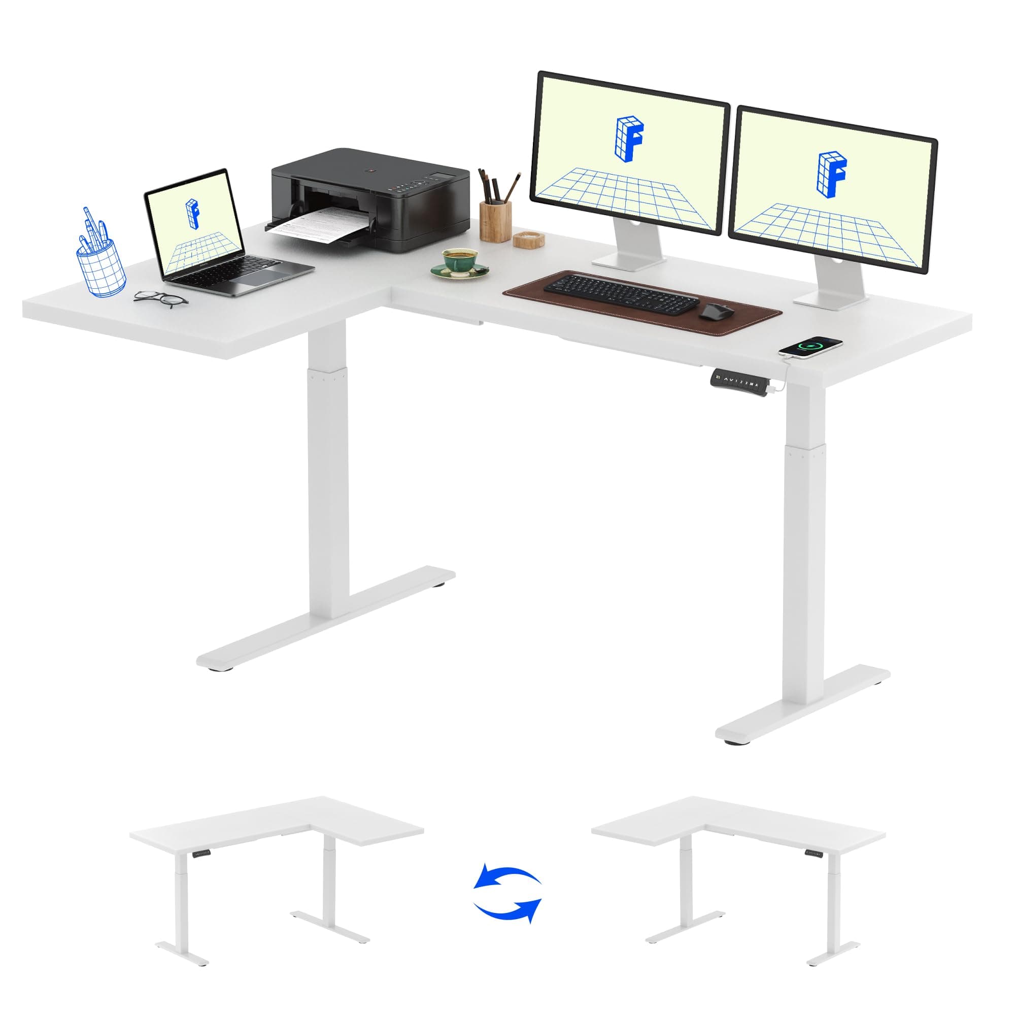 Corner Desk Dual Motor L Shaped Computer Electric Standing Sit Stand Up Desk Height Adjustable Home Office Table with Splice Board, 71x48 White