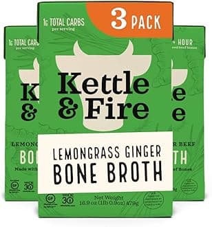 Kettle and Fire Lemongrass Ginger Beef Bone Broth, Keto, Paleo, and Whole 30 Approved, Gluten Free, High in Protein and Collagen, 3 Pack