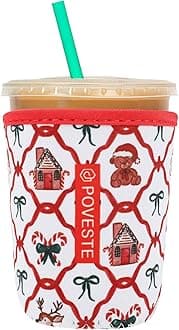 Reusable Neoprene Insulator Sleeve for Iced Coffee & Cold Soda, Coffee Sleeves for Iced & Hot Drinks, Cold Beverage Cooler Compatible with Starbucks, Dunkin (Bow Christmas, Small: 16-18oz)
