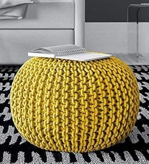 The Home Talk Poufs Boho Rustic Décor Ottoman 100% Cotton Foot Stool for Couch, Armchair, Bean Bag - Hand Knitted Braid Cord for Living Room, Bedroom, Floor Cushion, 18"x18"x14" - Yellow