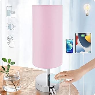 Yarra-Decor Bedside Lamp with USB Port - Touch Control Table Lamp for Bedroom 3 Way Dimmable Nightstand Lamp with Round Pink Fabric Shade for Living Room, Dorm, Home Office (LED Bulb Included)