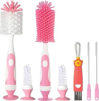 5-in-1 Baby Bottle Brush Set, Including Nylon and Silicone Bottle Brush, Cap, Straw, Nipple Brushes, BPA-Free (Pink)