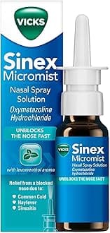 Procter & Gamble Vicks Nasal Spray, Sinex Micromist Decongestant Nose Spray For Blocked Nose With Oxymetazoline, Unblocks The Nose Fast, Blocked Nose Relief, Cold Virus Blocker, Menthol Aroma, 15 ml
